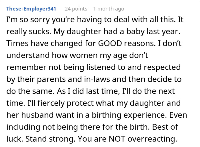 Comment expressing support for a dad wanting a front-row seat to daughter's delivery and respecting her wishes.