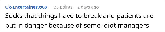 Comment expressing frustration about patient safety risks caused by management decisions in a medical facility disaster.
