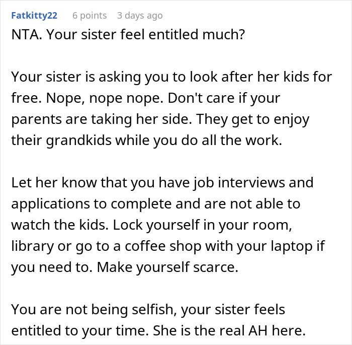 Comment discussing entitlement and refusal to babysit niece and nephew without pay amid family conflict and cruelty.