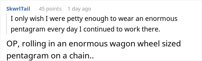 Screenshot of a Reddit comment discussing wearing a large pentagram as a religious symbol at work in an HR context. Screenshot of a Reddit comment discussing wearing a large pentagram as a religious symbol at work in an HR context.