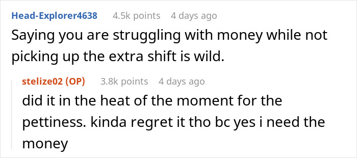 Text conversation about coworkers agreeing to split the bill and one backing out after dining, discussing money struggles.