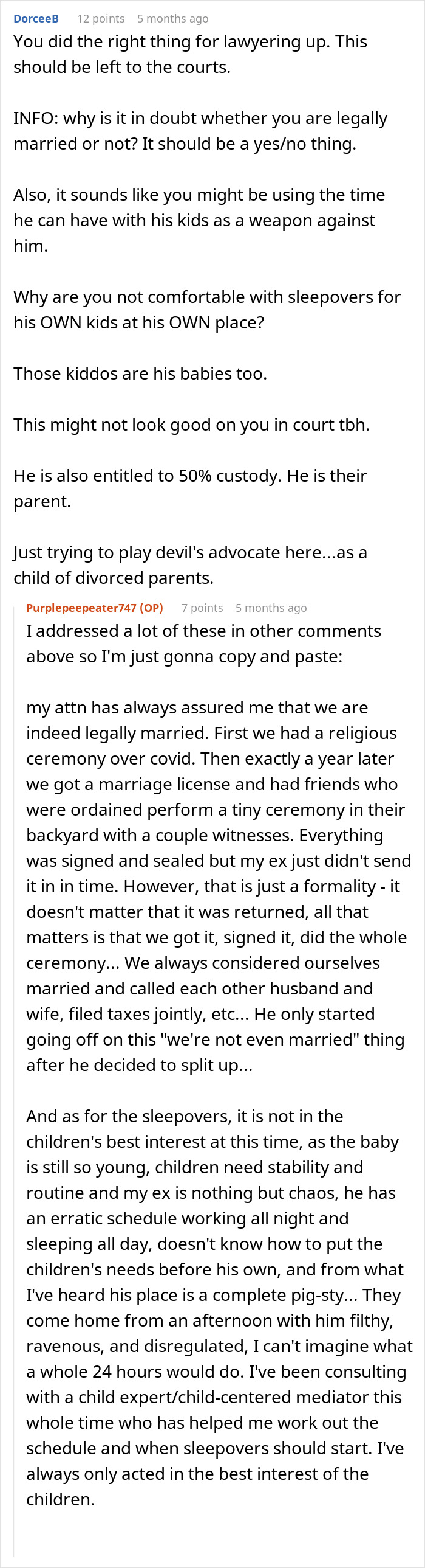 Screenshot of an online discussion about man blindsiding post-partum wife with divorce and custody battle concerns. Screenshot of an online discussion about man blindsiding post-partum wife with divorce and custody battle concerns.