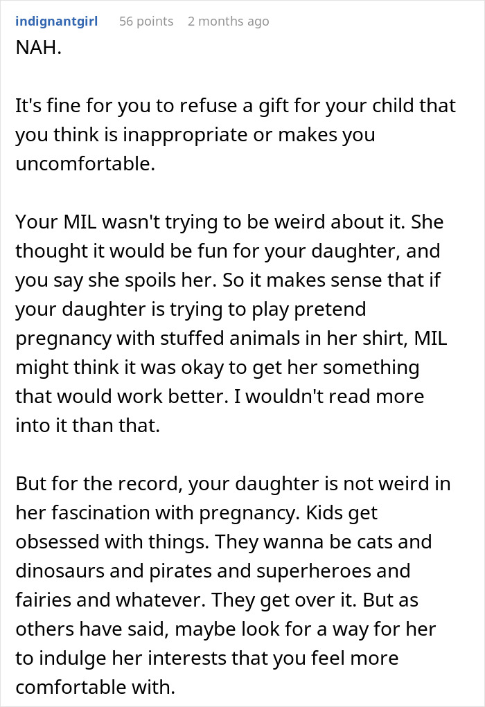 Comment explaining a mom refusing a weird gift from MIL for her pregnancy-obsessed 6-year-old, offering perspective and advice.