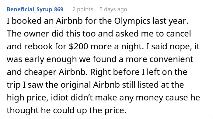 Screenshot of a Reddit comment describing petty revenge after Airbnb host raised price last minute and lost the booking.