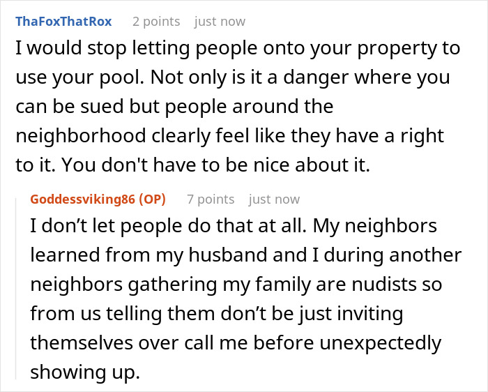 Comments discussing neighbors sending their relatives to use the pool without consent and setting boundaries.