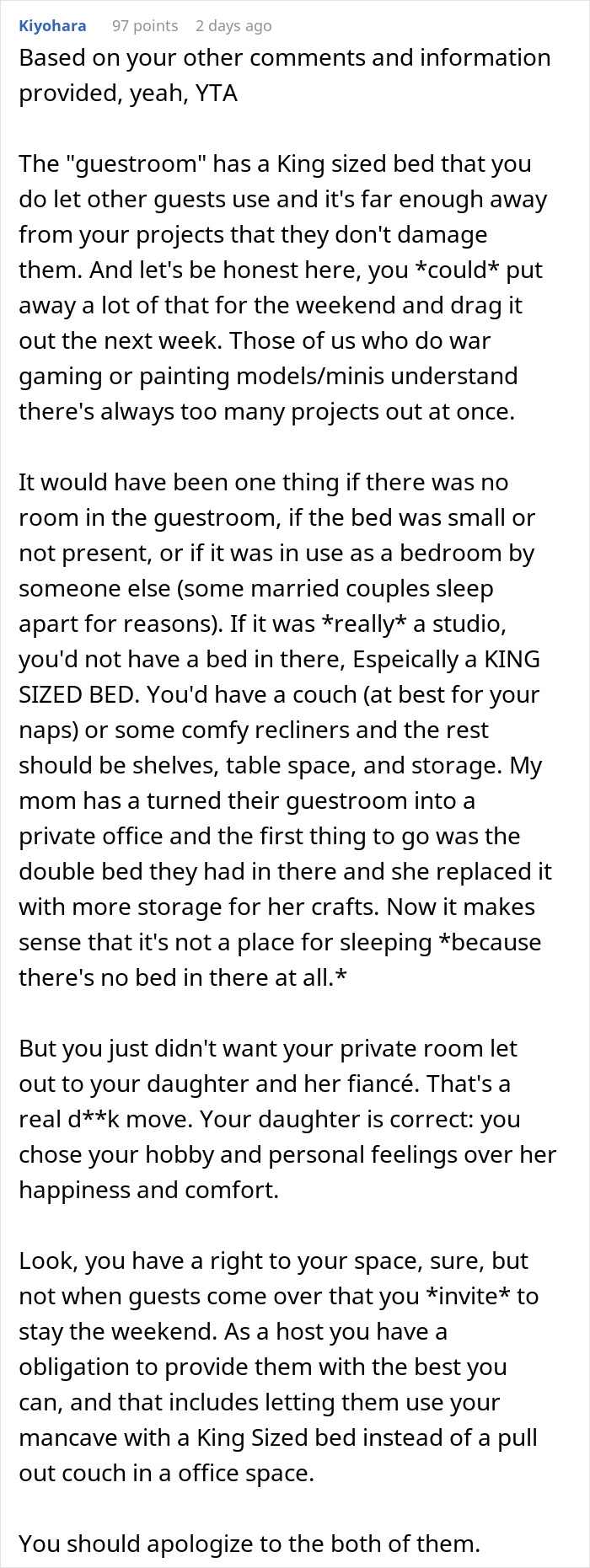 Man prioritizing his miniature wargaming studio over guest comfort, ignoring daughter and her fianc&eacute;'s visit.