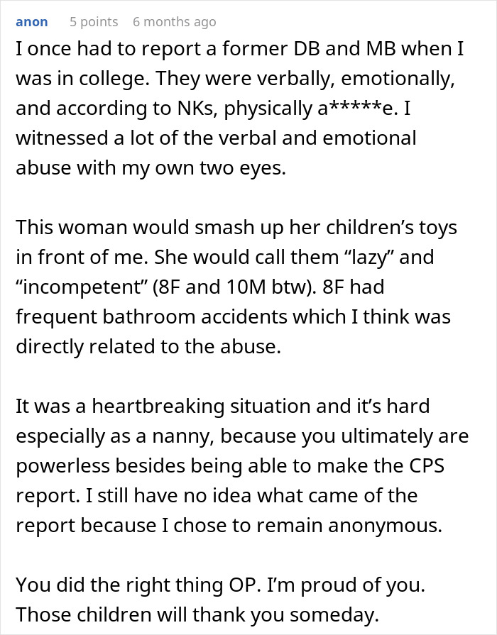 Text excerpt from a babysitter describing abusive living conditions and emotional heartbreak leading to a CPS report.