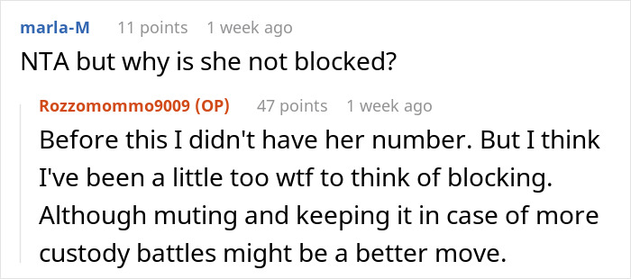 Screenshot of a Reddit conversation about a woman needing a babysitter and considering her husband's ex as an option.