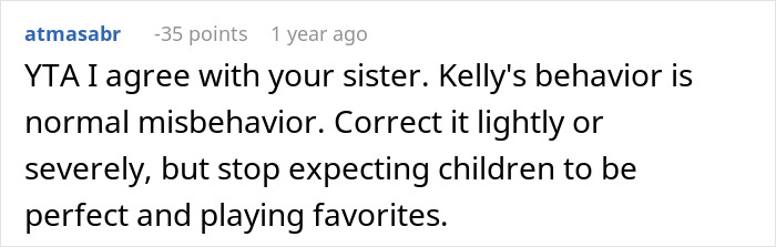 Screenshot of a Reddit comment discussing sister refusing to take sister&rsquo;s kid on trips and related family conflict.