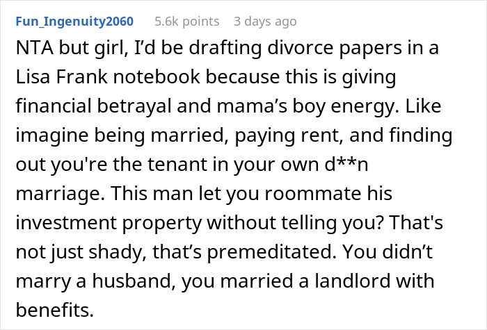 Reddit comment discussing financial betrayal and unknowingly paying rent to husband and his mom for two years in a marriage.