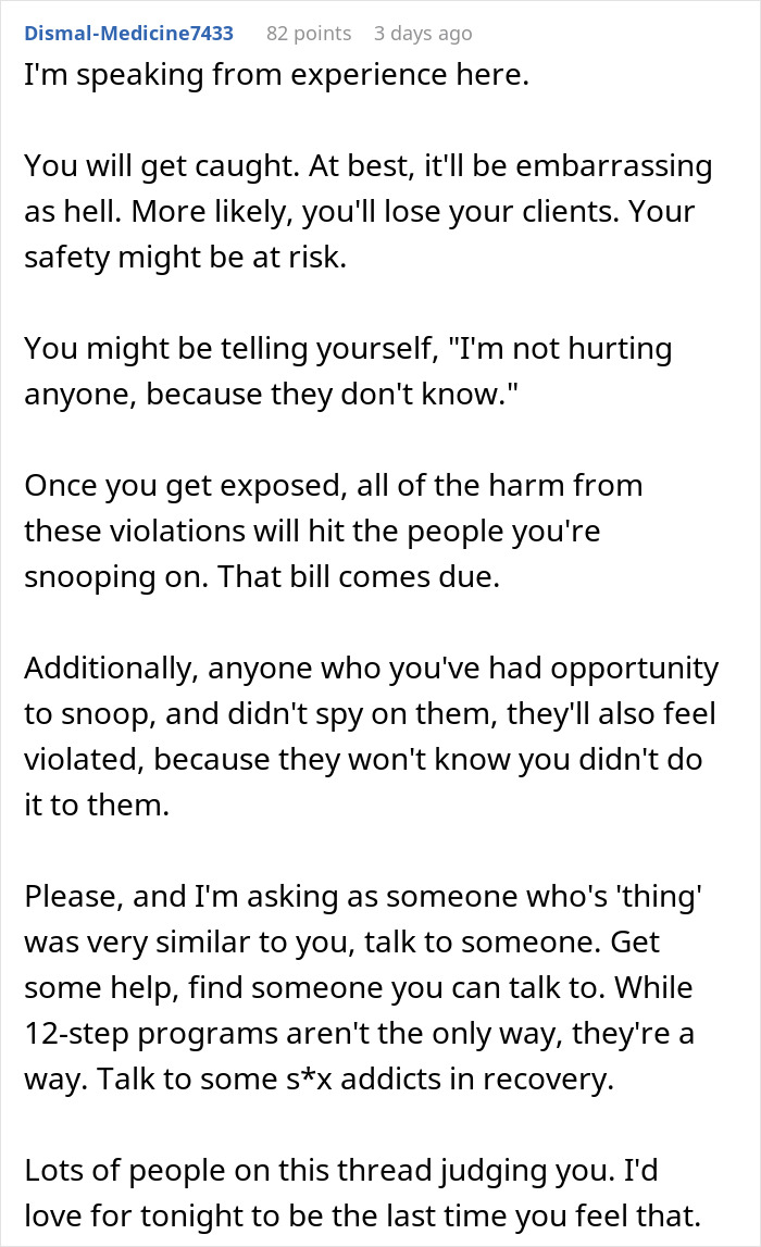 Text post warning about risks and consequences of housesitting violations and advising to seek help for compulsive behavior.