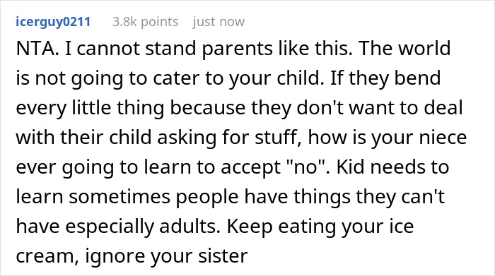 Screenshot of a Reddit comment discussing parenting challenges and the impact of saying no related to eating ice cream. Screenshot of a Reddit comment discussing parenting challenges and the impact of saying no related to eating ice cream.