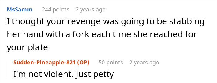 Screenshot of an online conversation about a person getting revenge on a roommate stealing food off a plate.