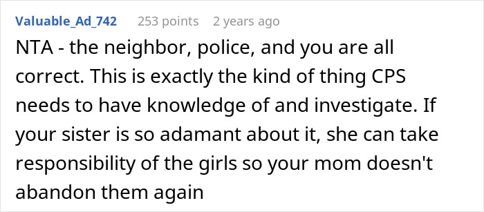 Comment discussing a man who calls CPS after finding his mom left his little sisters alone at his empty house.