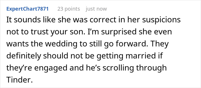 Screenshot of an online comment discussing wedding drama after the groom fails fianc&eacute;e's loyalty test and funding issues.