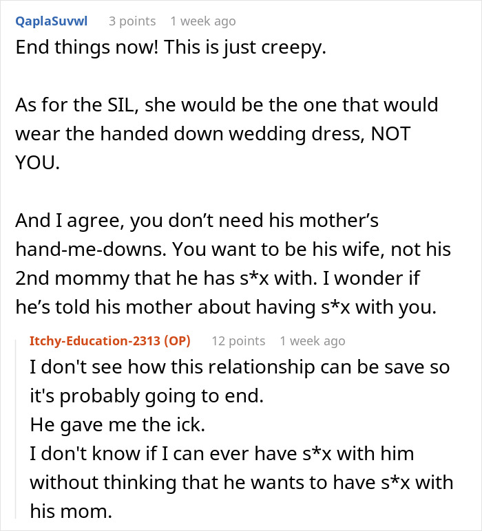 Screenshot of a Reddit conversation about a woman refusing to wear her fianc&eacute;&rsquo;s mom&rsquo;s used wedding dress.