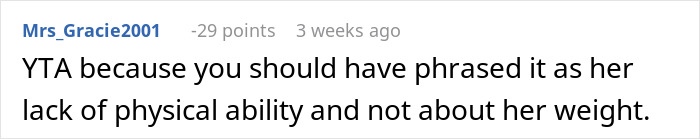 Comment about not letting obese mom babysit newborn, addressing concerns of fat shaming and physical ability.