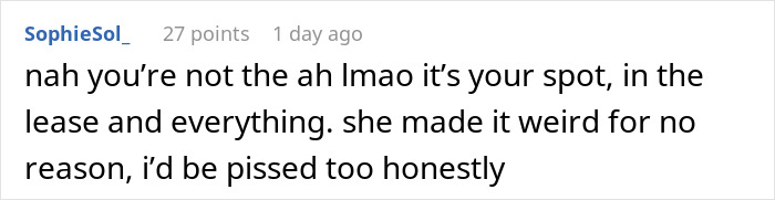 Screenshot of a social media comment discussing an entitled lady parking in a friendly neighbor’s spot and causing conflict. Screenshot of a social media comment discussing an entitled lady parking in a friendly neighbor’s spot and causing conflict.