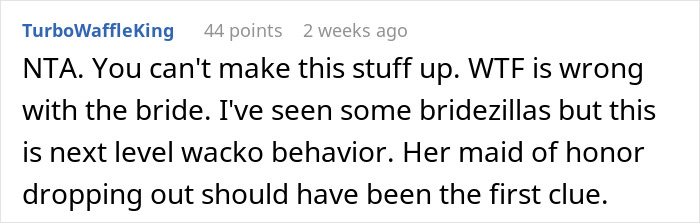 Reddit comment discussing a woman refusing to wear a wig at her brother’s wedding and the bride’s extreme behavior. Reddit comment discussing a woman refusing to wear a wig at her brother’s wedding and the bride’s extreme behavior.