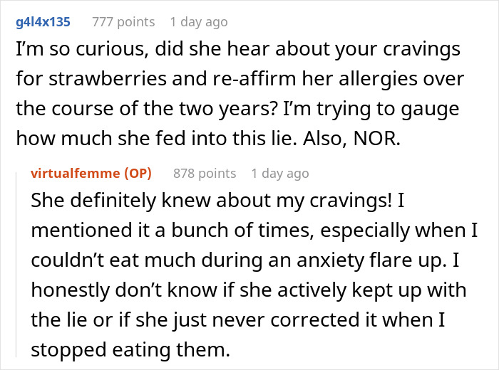 Conversation about partner upset over girlfriend's strawberry allergy and cravings during anxiety flare-up.