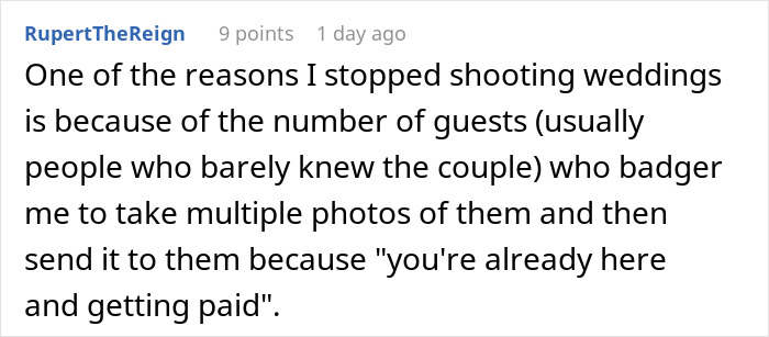 Comment about entitled mom interrupting couple&rsquo;s photoshoot to ask photographer for free pictures of her kids.