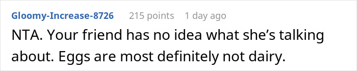 Screenshot of a Reddit comment discussing that eggs are not dairy in a debate about a dairy-free cake.