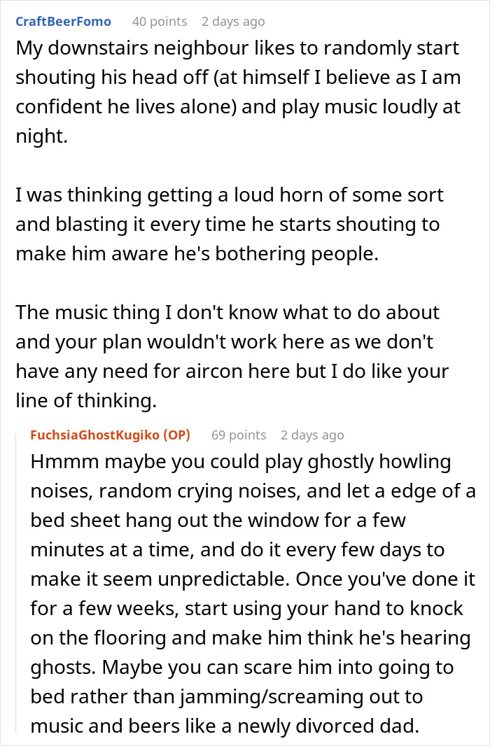 Reddit thread showing clever woman’s ghostly prank to confuse loud downstairs neighbor and restore peace in apartment block. Reddit thread showing clever woman’s ghostly prank to confuse loud downstairs neighbor and restore peace in apartment block.