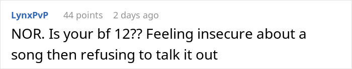 Screenshot of a social media comment discussing a boyfriend walking out over how his girlfriend connects with a song she's performing.