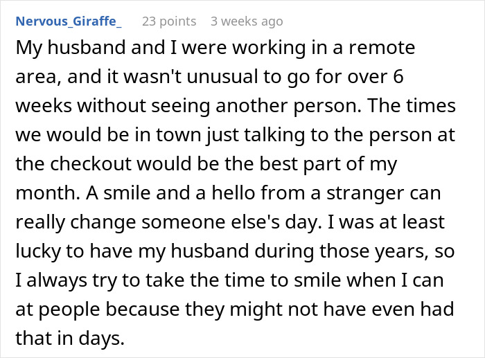 Comment about small act of kindness leading to an unexpected conversation on the bus sharing the impact of a smile and hello.