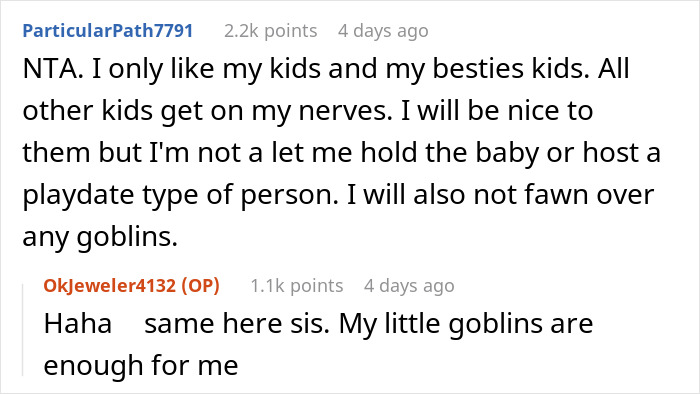 Reddit user explains boundaries on treating brother's girlfriend's kids differently from their own kids in family discussions.