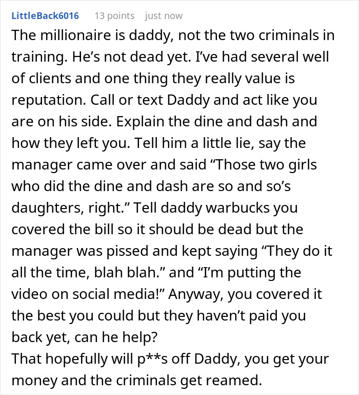 Comment discussing a millionaire involved in a dine and dash situation described as stuck up and entitled.
