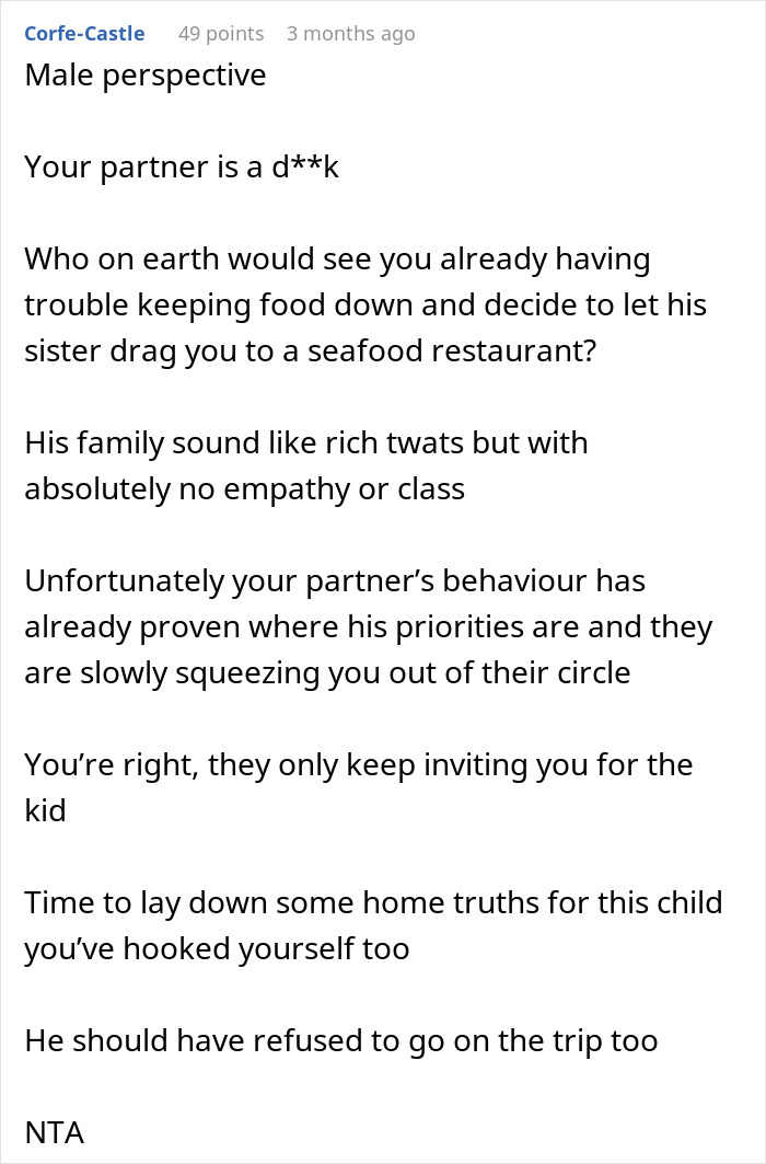Commenter gives male perspective on woman excluded from family vacation due to gluten intolerance and boyfriend’s lack of empathy. Commenter gives male perspective on woman excluded from family vacation due to gluten intolerance and boyfriend’s lack of empathy.