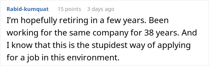 Reddit comment about retiring after 38 years and criticizing old-fashioned job application methods in a physical office setting.