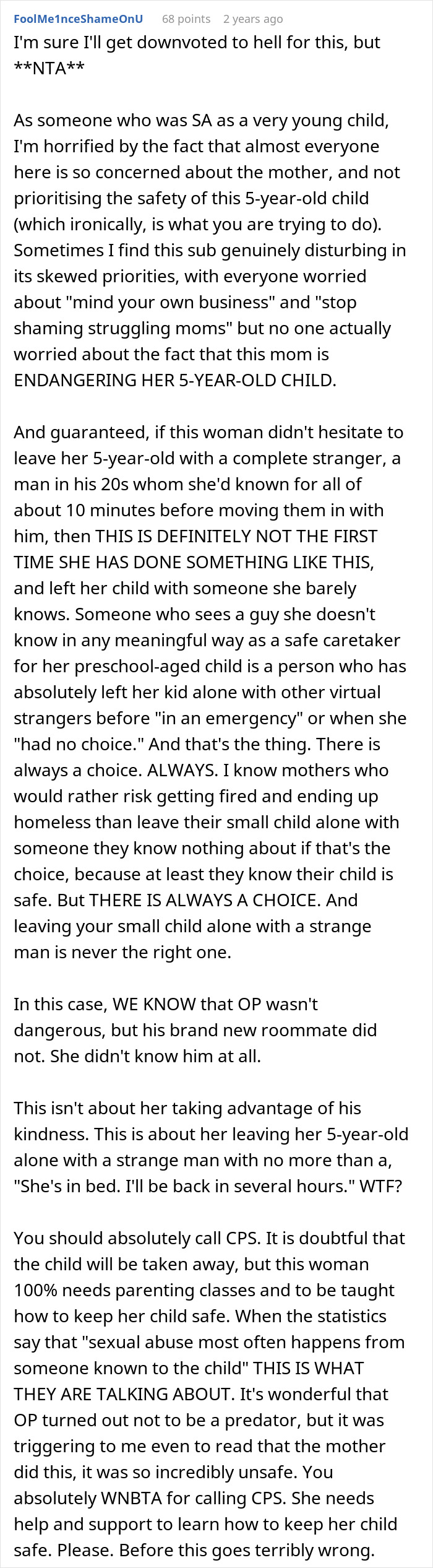Comment discussing a woman abandoning her child with a stranger roommate she barely knew, citing a work emergency.