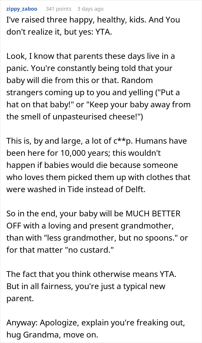 Comment discussing keeping son away from grandmother after feeding custard, highlighting parenting concerns and family dynamics.