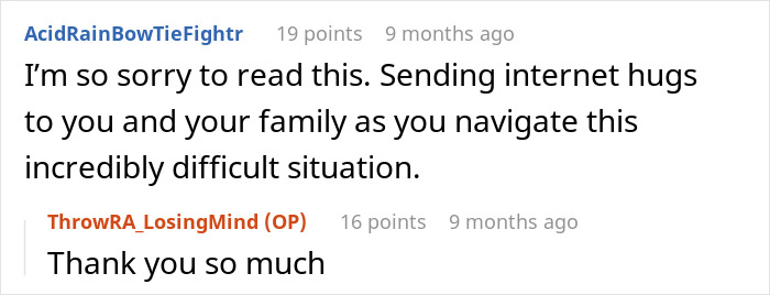 Reddit comments expressing sympathy and support over a heartbreaking cancer diagnosis and pregnancy assumptions.