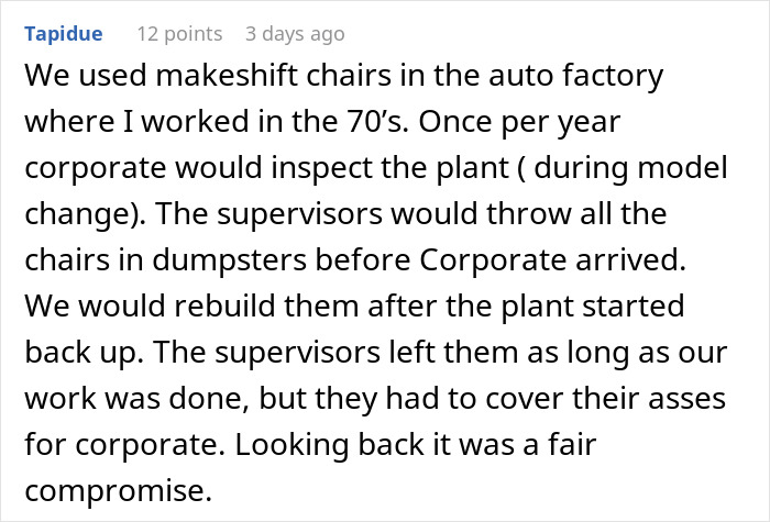 Comment discussing makeshift chairs used by employees, highlighting challenges faced with supervisors and workplace compromises.