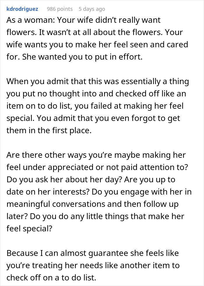 Comment explaining how a man failed to make his wife feel special after a date, discussing making her feel appreciated and cared for.