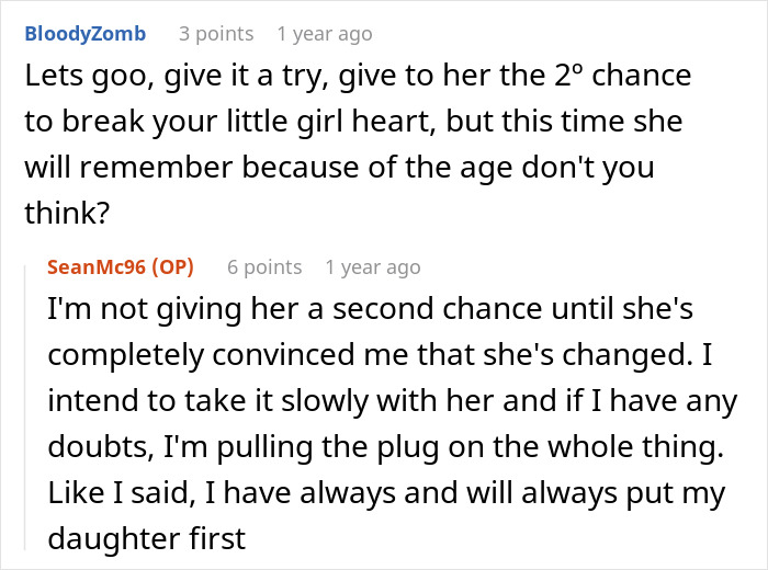 Reddit comments discussing a man raising a newborn alone and his doubts about forgiving his ex after 3 years.