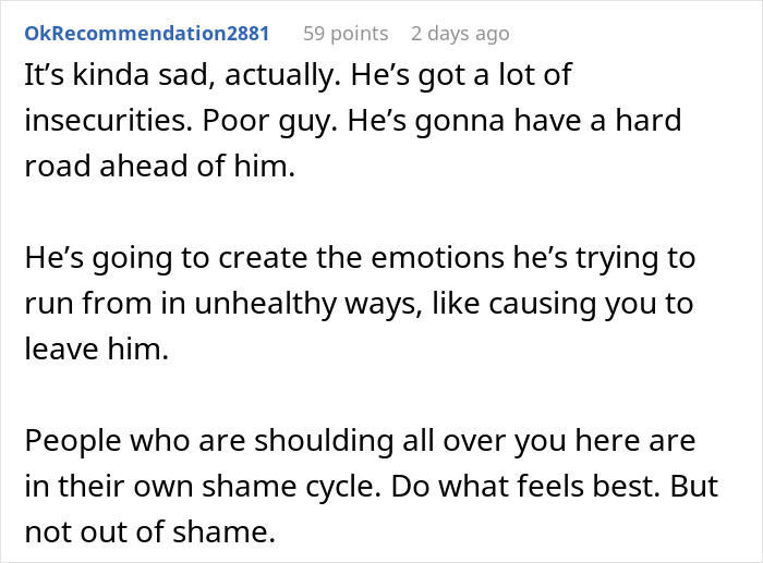 Commenter discussing guy's insecurities and emotional struggles after girlfriend's school song performance causes him to walk out.