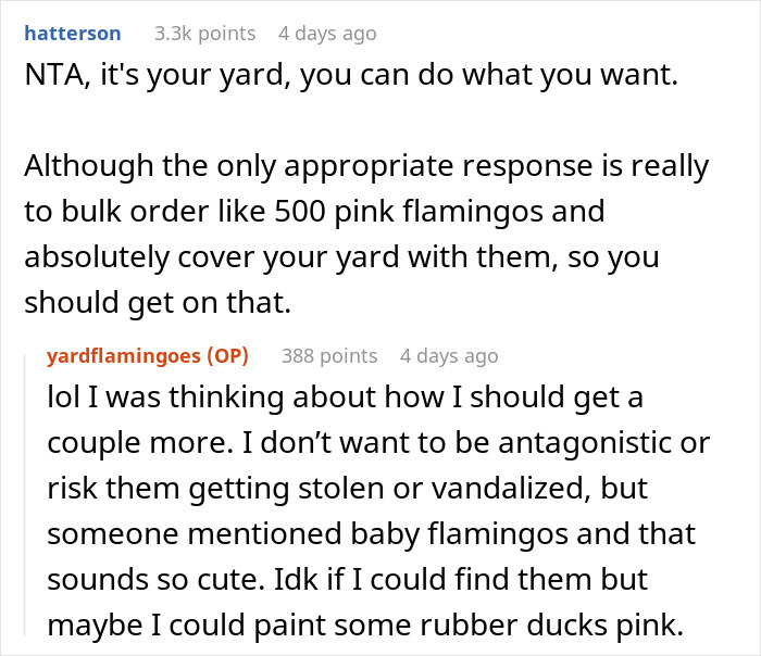 Comments discussing a Facebook campaign and plans to buy more pink flamingos to cover a neighbor&rsquo;s yard.