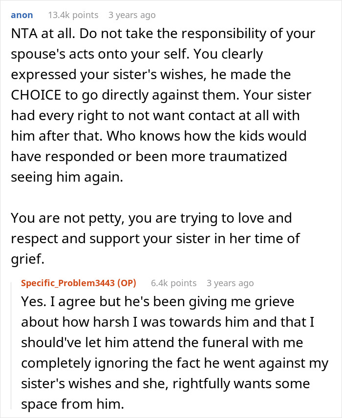 Screenshot of a Reddit conversation about a guy banned from a funeral after telling sister-in-law&rsquo;s kids their dad passed away.