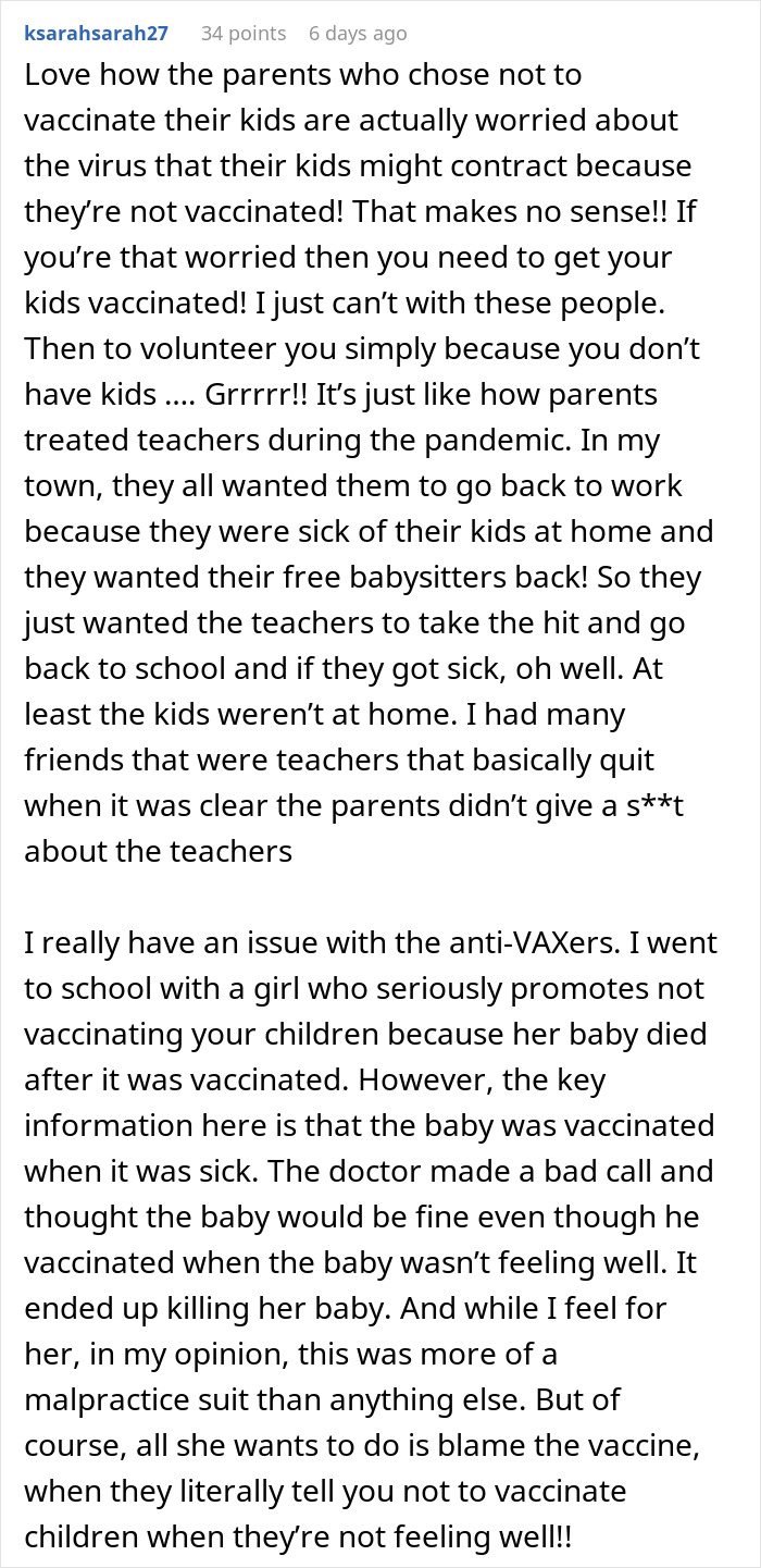 Comment about being nominated for risky work tasks because of not having kids, discussing workplace and parenting challenges.