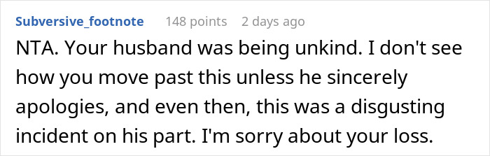 Comment from user expressing sympathy over husband’s tasteless pregnancy stunt causing awkwardness at birthday dinner. Comment from user expressing sympathy over husband’s tasteless pregnancy stunt causing awkwardness at birthday dinner.