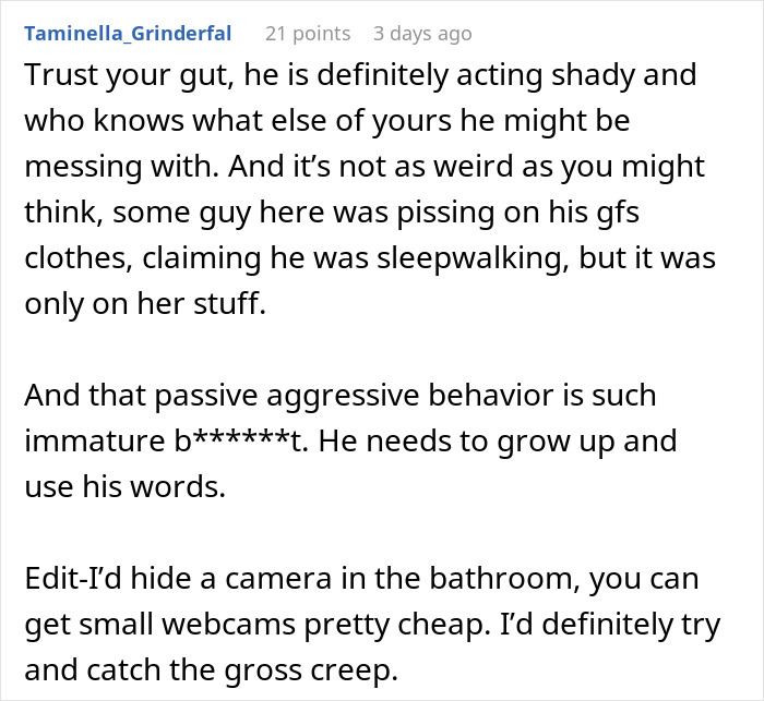 Comment discussing a woman suspecting her boyfriend is messing with her toothbrush and advice on catching him.