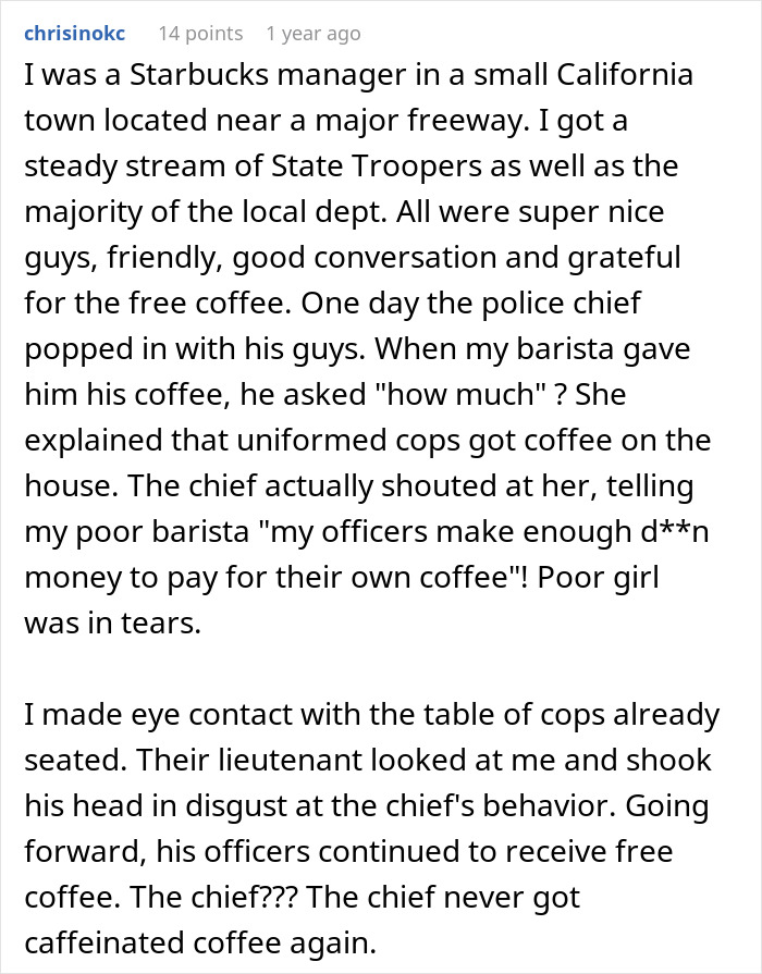 Barista uses decaf revenge to teach a rude trooper a lesson in respect after harsh coffee shop incident.