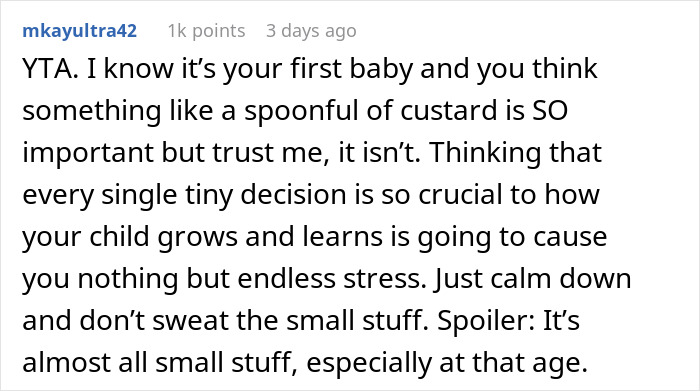 Comment discussing keeping son away from grandmother after feeding custard, advising not to stress small decisions.