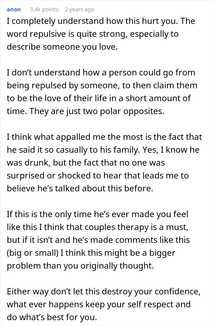 Reddit comment discussing a man calling his wife repulsive on their first date and the impact on their relationship.