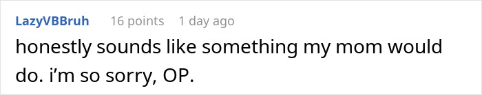 Comment text expressing sympathy about a mom stealing daughter&rsquo;s pregnancy announcement to avoid a gender reveal party.