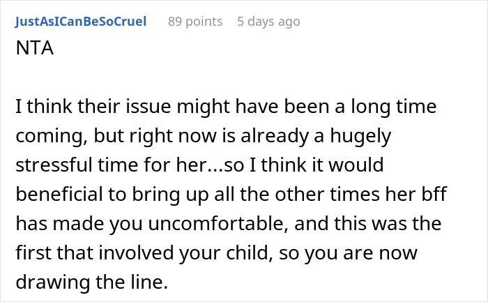 Screenshot of a Reddit comment discussing a man kicking out his wife&rsquo;s best friend after a joking comment about wanting his baby.